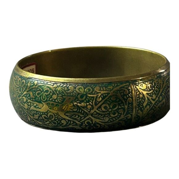 Vintage Brass Bangle Bracelet Etched Elephant  Tiger Green Enamel Made In India‎ - Picture 5 of 14